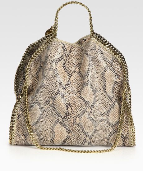 Stella Mccartney Snakeprinted Linen Falabella Foldover Tote Bag in Beige (camel) - Lyst