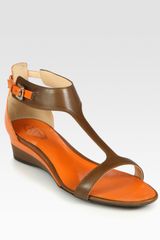 Tod's Leather and Patent Leather T-strap Wedge Sandals