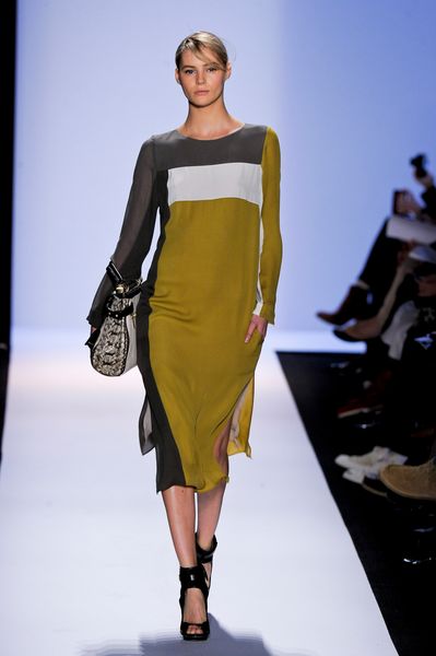 Bcbgmaxazria Fall 2012 Sheer Side Split Midi Dress in Green (green, grey) - Lyst