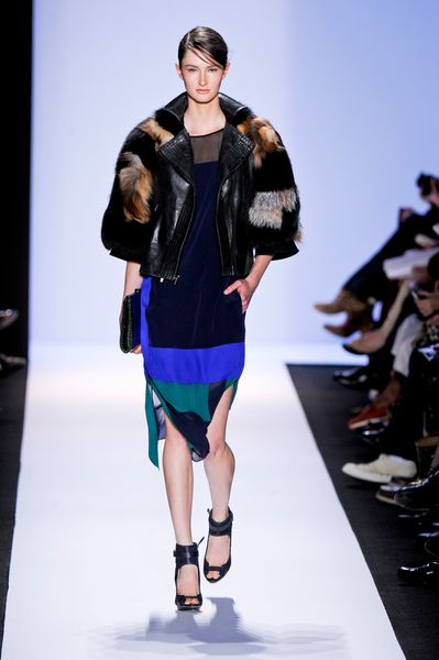 Bcbgmaxazria Fall 2012 Silk Satin Split Front Dress in Blue (black, brown) - Lyst