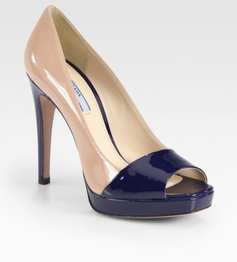  Bicolor Patent Leather Peep Toe Pumps 