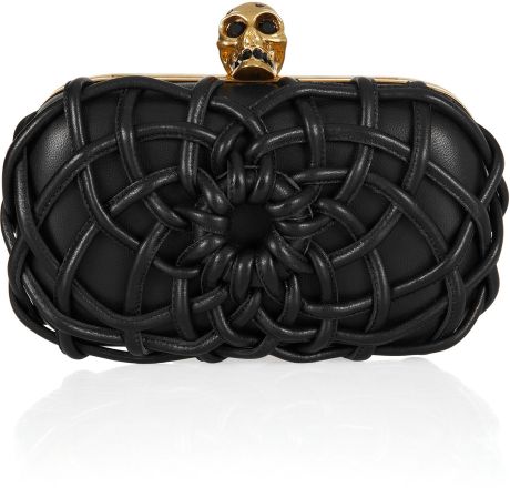 Alexander Mcqueen Skull Woven Leather Box Clutch in Black - Lyst