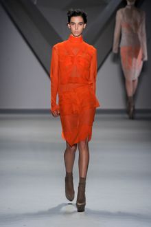 Vera Wang Fall 2012 Long Sleeve Turtleneck Knee Length Dress With Sheer Chiffon Layers And Detachable Peplum In Red - Lyst