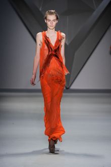 Vera Wang Fall 2012 Sleeveless Sheer Maxi Gown With Lace Inserts And Architectural Print Layers In Red - Lyst