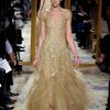 Marchesa Fall 2012 Nude Colour Sheer Tulle And Chiffon Gown With Short Sleeves And Golden Embroidery in Gold - Lyst