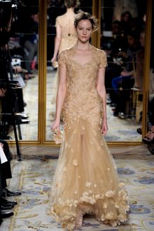 Marchesa Fall 2012 Short Sleeve See Through Gown With Feather Embroidery In Beige - Lyst