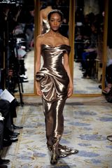 Marchesa Fall 2012 Gold Draped Bustier Silk Gown