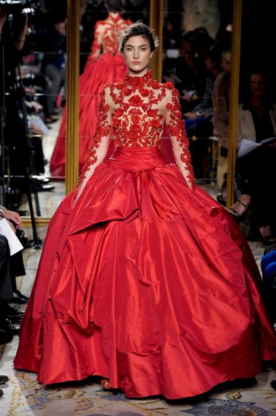 Marchesa Fall 2012 Long Sleeve Evening Gown With See Through Top Embroidered With Florals In Red in Red - Lyst