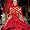 Marchesa Fall 2012 Long Sleeve Evening Gown With See Through Top Embroidered With Florals In Red in Red - Lyst