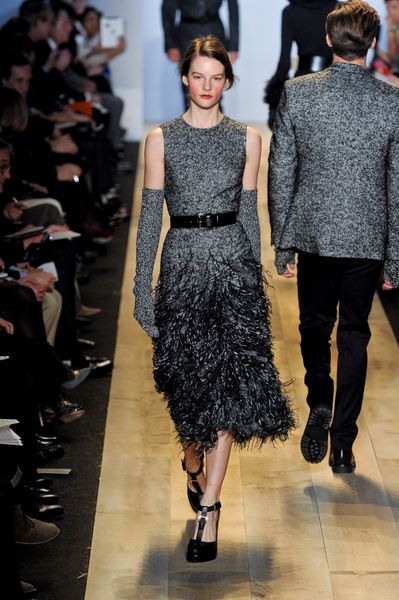 Michael Kors Fall 2012 Herringbone Sleeveless Knee Length Feather Trimmed Dress In Grey in Gray (grey) - Lyst