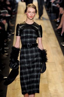 Michael Kors Fall 2012 Knee Length Buffalo Plaid Wool Dress With Short Leather Sleeves And Leather Inserts In Black And Grey - Lyst
