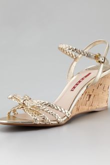 Prada Metallic Braided Cork Wedge Sandal - Lyst