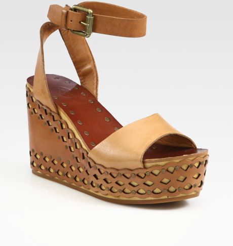 Ash Vanina Lasercut Leather Platform Wedge Sandals in Brown (tan) - Lyst