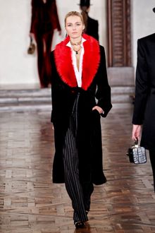 Ralph Lauren Fall 2012 Long Belted Black Coat With Contrasting Red Fur Collar - Lyst