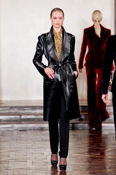 Ralph Lauren Fall 2012 Long Belted Leather Coat With Oversized Lapel And Side Pockets In Black  in Black - Lyst