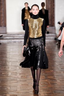 Ralph Lauren Fall 2012 Black Midi Skirt with Leather Panels - Lyst