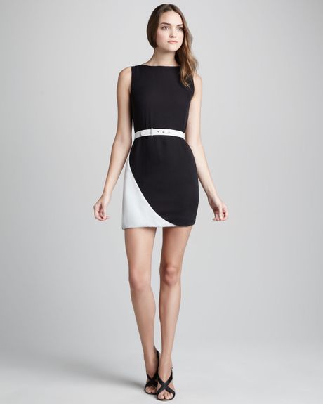 Halston Heritage Belted Contrast Dress in Black (black  chalk) - Lyst