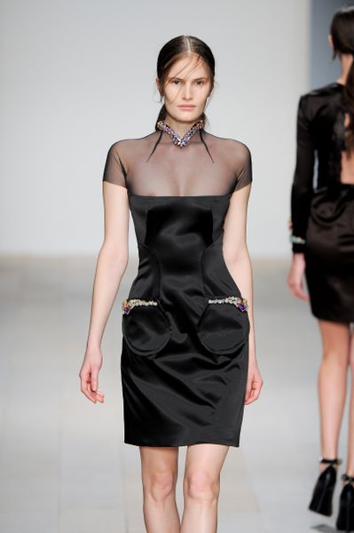 Marios Schwab Fall 2012 Short Sleeve Mini Dress With Stone Encrusted Pockets And Collar And Transparent Top Part In Black  in Black - Lyst