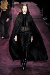 Gucci Fall 2012 Black See-Through Blouse with Pre-Raphaelite Sleeves and Velvet Front Panel 