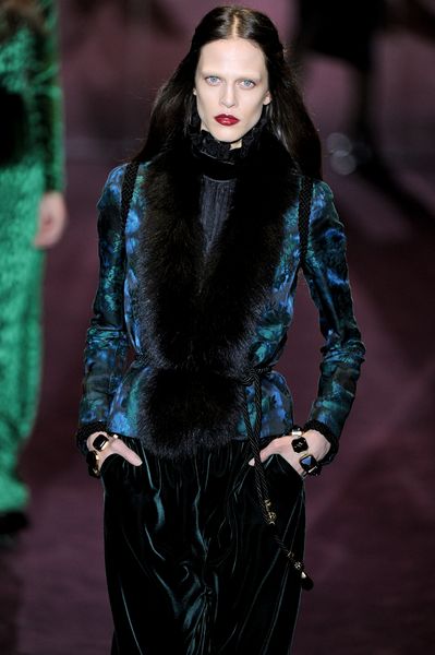 Gucci Fall 2012 Fur Trimmed Printed Jacket  in Blue - Lyst