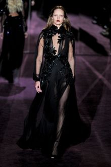 Gucci Fall 2012 Deep Decolletage Embellished See-Through Evening Gown With Long Puffed Sleeves, Beading And Layered Maxi Skirt In Black  - Lyst