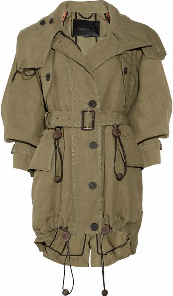 Burberry Prorsum Raffiatrimmed Hooded Linen Parka in Green (army) - Lyst