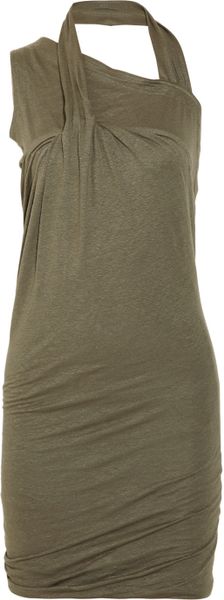 Donna Karan New York Asymmetric Ruched Stretch Linenblend Dress in Green (olive) - Lyst
