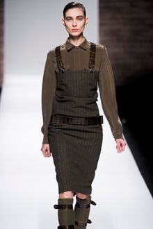 Max Mara Fall 2012 Knee Length Stripy Wool Pencil Dress With Tube Top In Grey With Crocodile Leather Belt And Suspenders  - Lyst