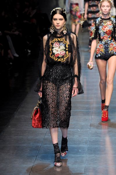 Dolce & Gabbana Fall 2012 SeeThrough KneeLength Lace Pencil Skirt In Black  in Black (black, pink, yellow) - Lyst