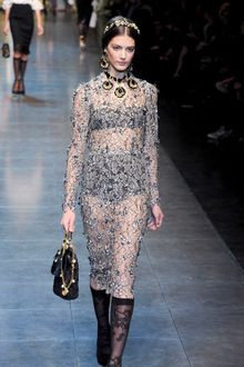 Dolce & Gabbana Fall 2012 Long Sleeve Knee Length See-Through Lace Pencil Dress In Pale Grey  - Lyst