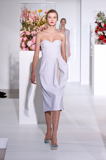 Jil Sander Fall 2012 Knee Length Strapless Corset Dress With Side Sleeves And Contrasting Fold Detail In White  - Lyst