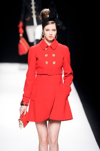  Fall 2012 Long Princess Coat with High-Waist Belt in Coral Pink  