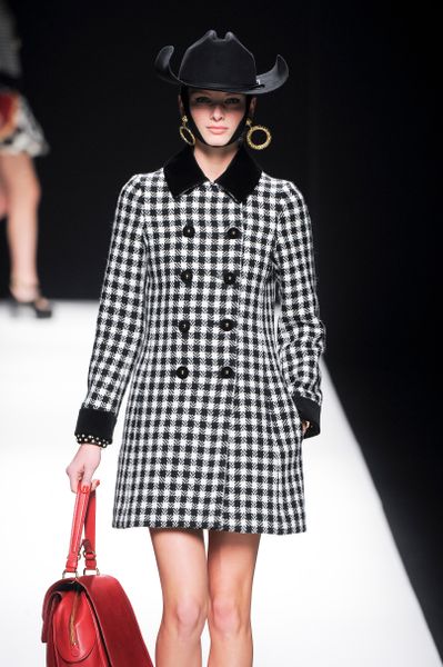 Moschino Fall 2012 Long Black and White Checkered Coat with Velvet Embellished Collar  in Black - Lyst