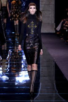 Versace Fall 2012 Knee Length Panelled Leather Pencil Skirt With Embellished Crucifixes Applique In Black  - Lyst