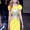 Versace Fall 2012 Short Sleeve Mini Dress With Squared Neckline And Silver Panel In Yellow  in Yellow - Lyst