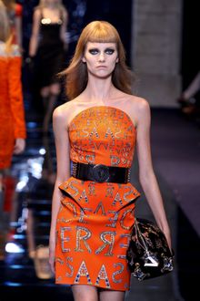 Versace Fall 2012 Strapless Armorlike Corset Mini Dress With Mirrored Letter Print In Red  - Lyst