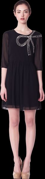 Erin Fetherston 3/4 Sleeve Dress with Embellished Bow in Black - Lyst