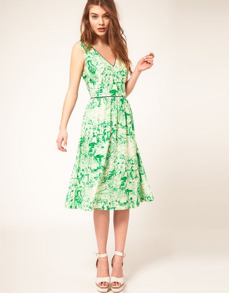 Asos Collection Asos Midi Dress in Watercolour Print in Green - Lyst