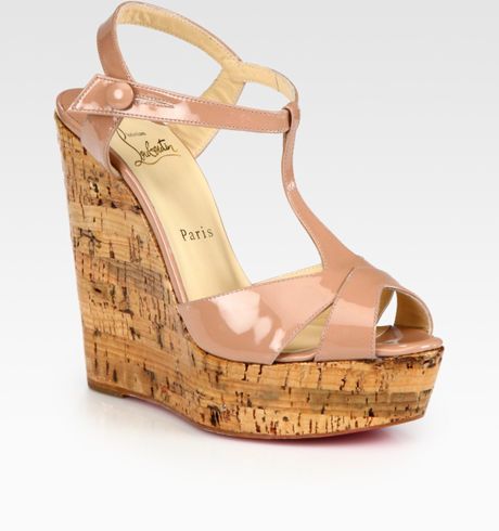 Christian Louboutin Patent Leather Tstrap Cork Wedge Sandals in Brown (nude) - Lyst