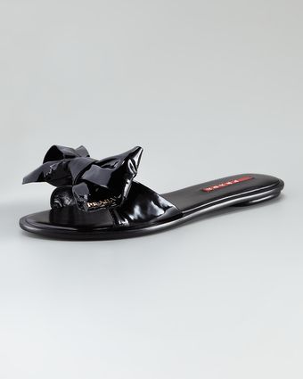  Patent Leather Bow Slide Sandal, Black 