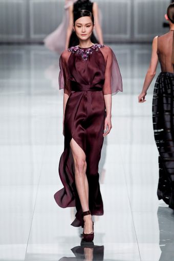 Dior Fall 2012 Silk and Satin Belted Purple Evening Dress with Transparent Short Sleeves, Rich Stone Embroidered Neckline and Large Thigh-High Slit - Lyst