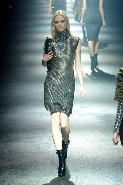 Lanvin Fall 2012 Metallic Cap Sleeve Sheath Dress  in Gold (grey, silver) - Lyst