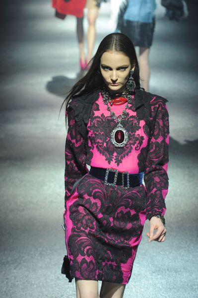 Lanvin Fall 2012 Long Sleeve Bi Colour Short Cocktail Dress Embelliished with Lace in Pink (black, pink) - Lyst