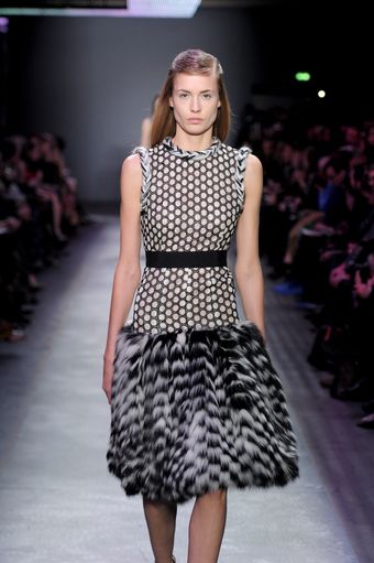 Giambattista Valli Fall 2012 Black & Beige Polka Dotted Dress WIth Cinched Waist & Fur Trimmings & Fur Skirt - Lyst