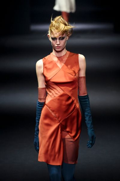 John Galliano Fall 2012 Orange Sleeveless Checker Patterned Tailored Mini Dress With HiLo Hemline in Orange - Lyst