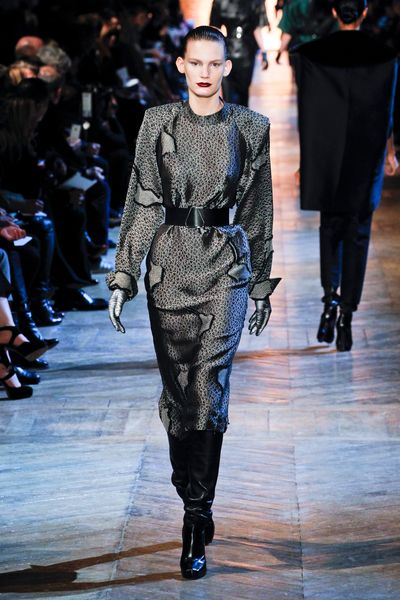 Yves Saint Laurent Fall 2012 Gray Textured Midi Dress With Wide Shoulders in Gray - Lyst