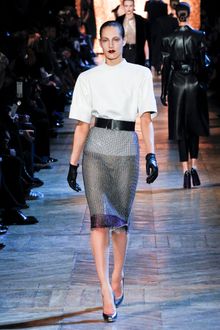 Yves Saint Laurent Fall 2012 Gray Knee Length Pencil Skirt Cinched At The Waist - Lyst