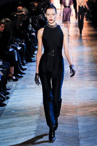 Yves Saint Laurent Fall 2012 Halter Style Backless Jumpsuit with Metallic Trim Collar - Lyst