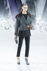 Chanel Fall 2012 Gray Double Breasted Short Coat With Oversized Collar & Feather Trimmings