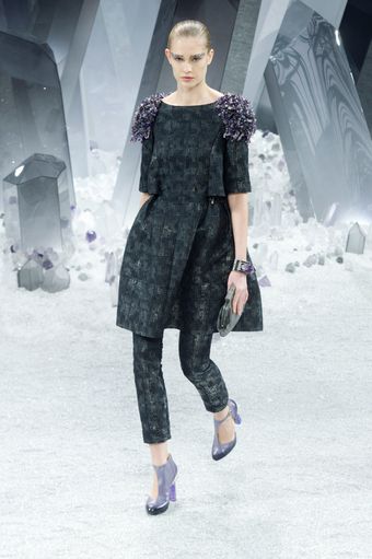 Chanel Fall 2012 Gray Tailored Dress With Slit Waist Pleated Skirt & Shoulder Applique - Lyst